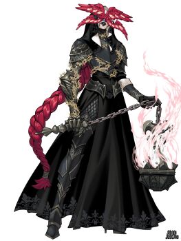 1other armor black_armor commentary commission dress eyes_on_wings full_armor highres justino_barcelo long_hair original red_hair simple_background solo thorns thurible white_background wings_as_eyes