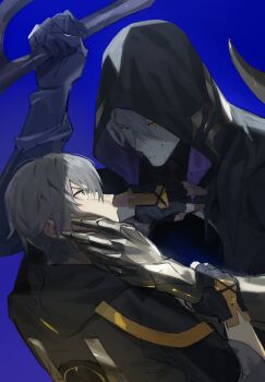 2boys black_cape black_coat black_gloves blue_background broken_skin caelus_(honkai:_star_rail) cape chinese_commentary closed_mouth coat commentary_request crescent fingerless_gloves flame_reaver_of_the_deepest_dark from_behind gauntlets gloves grey_hair hair_between_eyes hand_on_another&#039;s_chest hand_on_another&#039;s_face highres holding holding_another&#039;s_wrist holding_weapon honkai:_star_rail honkai_(series) hood hooded_cape hooded_coat judyfang5 long_sleeves looking_at_another male_focus multiple_boys phainon_(honkai:_star_rail) short_hair simple_background teeth torn_cape torn_clothes trailblazer_(honkai:_star_rail) upper_body v-shaped_eyebrows weapon yellow_eyes