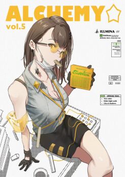 1girl alchemy_stars arm_cuffs black_gloves black_skirt bra_strap breasts brown_hair cleavage collarbone cover crossed_legs ear_ornament earrings english_text fake_magazine_cover food food_in_mouth glasses gloves hair_ornament hand_on_table highres holding holding_food id_card jewelry lanyard legs looking_at_viewer magazine_cover mask mask_around_neck medium_breasts medium_hair mouth_mask office_lady orange-tinted_eyewear orange_eyes pearl_earrings pearl_hair_ornament pencil_skirt renshu_3594 round_eyewear shirt simple_background siobhan_(alchemy_stars) sitting skirt sleeveless sleeveless_shirt snack solo spider_web_pattern surgical_mask swept_bangs third-party_source tinted_eyewear white_background white_mask