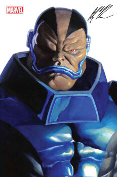 1boy alex_ross apocalypse_(marvel) armor bald black_armor blue_armor blue_lips colored_skin comic_cover company_name cover cover_page covered_abs grey_skin looking_at_viewer male_focus marvel multicolored_armor muscular muscular_male official_art one_eye_in_shadow realistic red_eyes signature solo upper_body western_comics_(style) white_background x-men