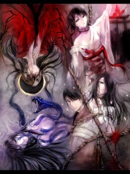 4girls absurdres bad_id bad_pixiv_id black_hair blood breasts brown_eyes brown_hair bug butterfly eclipse fatal_frame fatal_frame_1 fatal_frame_ii:_crimson_butterfly fatal_frame_iii:_the_tormented fatal_frame:_mask_of_the_lunar_eclipse haibara_sakuya highres himuro_kirie bug japanese_clothes kimono koko_(oyasuminasai) kurosawa_sae large_breasts long_hair mask mole moon multiple_girls oni_mask rope shadow shimenawa short_hair snake snakw string string_of_fate tattoo tears torii yukishiro_reika
