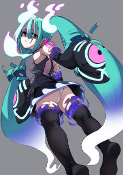 1girl aqua_hair ass black_skirt black_sleeves black_thighhighs commentary_request detached_arm detached_legs detached_sleeves from_behind from_below fu-ta ghost_miku_(project_voltage) gradient_hair grey_background grey_shirt hatsune_miku highres looking_at_viewer looking_back miniskirt multicolored_hair nintendo no_shoes panties pantyshot pokemon project_voltage shaded_face shirt simple_background skirt sleeveless sleeveless_shirt sleeves_past_fingers sleeves_past_wrists solo thighhighs twintails underwear vocaloid white_panties will-o'-the-wisp_(mythology)
