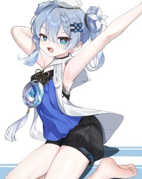 1girl armpits barefoot black_shorts blue_eyes breasts commentary_request dokomon double_bun flower hair_bun hair_ornament highres korean_commentary shorts small_breasts soles solo toes wuthering_waves youhu_(wuthering_waves)