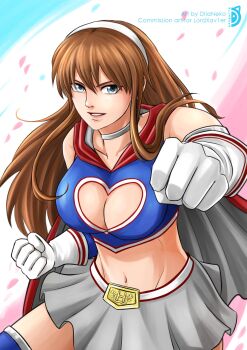 blue_eyes blue_thighhighs breasts brown_hair cape choker cleavage cleavage_cutout clothing_cutout crop_top dead_or_alive dead_or_alive_5 dilaneko gloves hairband heart_cutout highres hitomi_(doa) large_breasts long_hair midriff official_alternate_costume pink_hairband raised_fist red_cape sidelocks skirt thighhighs white_choker white_gloves white_skirt