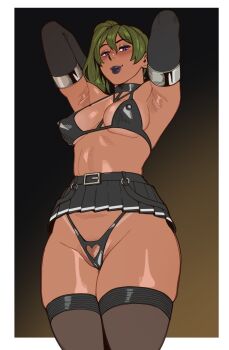 1girl armpits black_bra black_gloves black_lips black_panties black_skirt black_thighhighs bra breasts clothing_cutout covered_erect_nipples elbow_gloves gloves green_hair heart_cutout highres medium_breasts microskirt nastacic panties panty_cutout pleated_skirt purple_eyes see-through_clothes see-through_thighhighs skirt solo sousou_no_frieren thighhighs ubel_(sousou_no_frieren) underwear