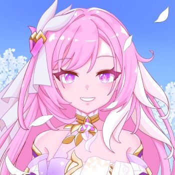 1girl bare_shoulders blue_sky breasts chinese_commentary commentary_request corset diamond-shaped_pupils diamond_(shape) elysia_(herrscher_of_human:_ego)_(honkai_impact) elysia_(honkai_impact) falling_petals flower honkai_(series) honkai_impact_3rd large_breasts long_hair looking_at_viewer meow_maolai multicolored_hair parted_lips petals pink_hair purple_eyes sky smile solo symbol-shaped_pupils triquetra two-tone_hair upper_body variant_set veil very_long_hair white_corset white_flower white_hair white_petals white_veil