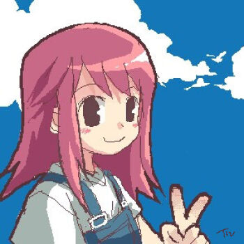 1girl archived_source artist_name black_eyes blue_background blue_overalls blue_sky blush closed_mouth cloud commentary_request dithering dot_nose jaggy_lines kaleido_star korean_commentary looking_at_viewer lowres medium_hair naegino_sora overalls pink_hair shirt short_sleeves sidelocks sky smile solo straight_hair t-shirt tiv upper_body v v-neck white_shirt white_sleeves
