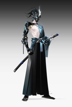 1boy armor black_armor black_hair black_hakama black_pants e-soul_(to_be_hero_x) full_body gradient_background hakama half-shirt highres holding holding_sword holding_weapon japanese_clothes katana male_focus mask oni_mask pale_skin pants ponytail sandals sd2190392804 solo standing sword tabi to_be_hero to_be_hero_x weapon