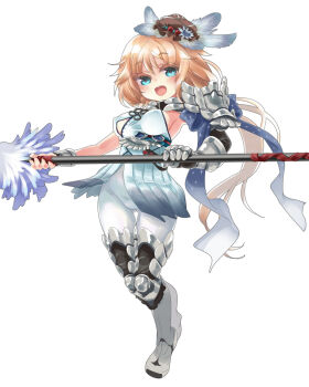1girl aqua_eyes arm_bow armor armpits blue_bow blush bow breasts brown_hat character_request clothing_cutout covered_erect_nipples full_body gauntlets hat holding holding_polearm holding_weapon knee_guards large_breasts long_hair looking_at_viewer low_ponytail mini_hat open_mouth pants polearm ponytail sangokushi_taisen shoulder_armor sidelocks simple_background smile solo standing teeth very_long_hair wazawogi_(wzog) weapon white_background white_pants