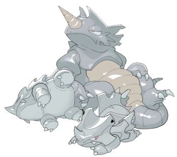 claws evolutionary_line full_body gen_1_pokemon horns looking_at_viewer lying nintendo no_humans on_side on_stomach pokemon pokemon_(creature) pokemon_focus rhydon rhyhorn sido_(slipknot) single_horn sitting