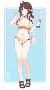 1girl :t ahoge bag bare_arms bare_shoulders bikini black_sandals blue_background blue_eyes blue_nails border breasts brown_bikini brown_hair closed_mouth collarbone commentary cup disposable_cup eating food food_print food_request fruit_print full_body gluteal_fold groin hands_up highres holding holding_cup holding_spoon large_breasts long_hair looking_at_viewer multi-strapped_bikini_bottom nagami_yuu nail_polish navel o-ring o-ring_bikini o-ring_bottom o-ring_top original plastic_bag print_bikini sandals shaved_ice solo spoon standing swimsuit symbol-only_commentary thigh_gap toenail_polish toenails white_border