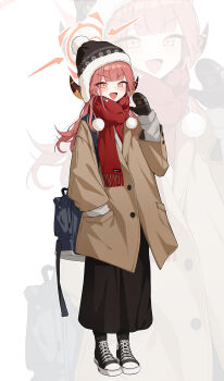 1girl absurdres alternate_costume aru_(blue_archive) beanie black_footwear black_mittens black_skirt blue_archive blue_bag blush brown_coat coat demon_girl demon_horns full_body halo hand_in_pocket hand_up hat highres horns long_hair looking_at_viewer mittens okkimon open_mouth orange_eyes orange_halo red_hair red_scarf scarf shoes simple_background skirt smile sneakers standing sweater white_background white_sweater winter_clothes zoom_layer