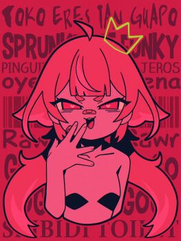 1girl bandaid bandaid_on_face collarbone excited eyelashes female_focus flat_chest freckles half-closed_eyes hand_up heart heart-shaped_pupils indie_virtual_youtuber loli long_hair low_twintails mesugaki naughty_face open_mouth pasties red_background red_theme simple_background smile smug solo spanish_text symbol-shaped_pupils toko_(vtuber) twintails upper_body virtual_youtuber yandere yuusabroso