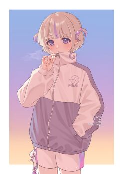 1girl absurdres border closed_mouth commentary_request hand_in_pocket highres hololive hololive_dev_is jacket looking_at_viewer multicolored_hair purple_eyes purple_hair short_hair shorts solo streaked_hair toa_inusuki todoroki_hajime todoroki_hajime_(1st_costume) two_side_up white_border white_jacket white_shorts