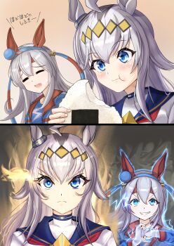 2girls absurdres ahoge animal_ears aura blue_eyes blue_hairband blue_jacket blue_sailor_collar blue_sports_bra blush brooch closed_eyes closed_mouth commentary_request cracking_knuckles ear_covers ear_ornament eating electricity eye_trail fingerless_gloves food gloves grey_hair grin hair_between_eyes hair_ornament hairband headband highres horse_ears horse_girl jacket jewelry light_trail lightning_bolt_print lightning_bolt_symbol long_hair long_sleeves multicolored_hair multicolored_hairband multiple_girls neckerchief oguri_cap_(starlight_beat)_(umamusume) oguri_cap_(umamusume) onigiri open_mouth red_headband red_neckerchief sailor_collar shirt shuten_(shutehaan) smile sports_bra star_brooch striped_clothes striped_hairband tamamo_cross_(fast_as_lightning)_(umamusume) tamamo_cross_(umamusume) teeth two-tone_hairband umamusume white_gloves white_jacket white_shirt