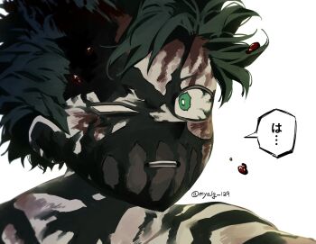 Rule 34 | 1boy, black mask, blood, blood on face, bloody tears, body markings, boku no hero academia, green eyes, green hair, half-closed eye, hashtag-only commentary, highres, looking at viewer, male focus, mask, midoriya izuku, mouth mask, myalg 129, parted lips, short hair, solo, twitter username, upper body, white background