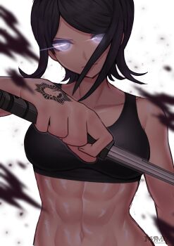1girl abs artist_name black_bra black_hair bra closed_mouth danganronpa:_trigger_happy_havoc danganronpa_(series) female_focus glowing glowing_eyes grey_eyes hand_tattoo highres holding holding_knife holding_weapon ikusaba_mukuro knife looking_at_viewer masamune_oekaki muscular muscular_arms muscular_female muscular_female parted_bangs signature simple_background solo sports_bra sweat sweatdrop tattoo tattoo_on_hand underwear upper_body weapon white_background wolf
