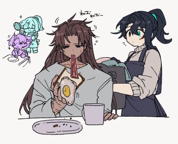 2boys apron aqua_eyes bacon basket black_apron black_eyes black_hair bread bread_slice brown_hair brushing_hair cup food fried_egg fried_egg_on_toast full-stop_office_(identity)_(project_moon) grey_shirt grey_sweater hair_brush hair_intakes heathcliff_(project_moon) heterochromia highres holding holding_basket holding_food hong_lu_(project_moon) laundry_basket limbus_company long_hair male_focus mug multiple_boys nantekottawo!! project_moon shirt sleeping sweater toast translated very_long_hair