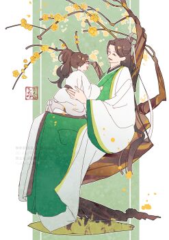 2boys :d against_tree aged_down androgynous boots border brown_hair child chinese_clothes closed_eyes commentary_request curtained_hair flower full_body green_background green_hanfu half_updo hand_on_another&#039;s_back hand_on_another&#039;s_chest hanfu highres in_tree long_hair long_sleeves looking_at_another luo_binghe male_focus multiple_boys open_mouth outline outside_border pants parted_bangs pillarboxed ponytail red_eyes renzha_fanpai_zijiu_xitong ribboned_xiao_guan sakuramochi1003 shen_qingqiu sitting sitting_in_tree sitting_on_lap sitting_on_person smile stamp_mark tree very_long_hair wavy_hair white_boots white_border white_hanfu white_outline white_pants wide_sleeves yellow_flower