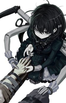 1girl 1other absurdres ahoge alternate_costume applying_manicure bags_under_eyes black_eyes black_hair bow bowtie braid breasts clipping_nails closed_mouth collared_dress doll_joints dress expressionless extra_arms fingerless_gloves gloves green_dress green_nails hair_between_eyes hair_bow hatsune_miku highres holding_hands joints juliet_sleeves kneeling long_hair long_sleeves messy_hair nail_clippers out_of_frame pale_skin prehensile_hair puffy_sleeves restrained sidelocks small_breasts solo twin_braids very_long_hair vocaloid wawasuke white_background white_gloves