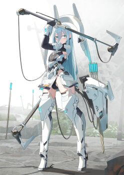 1boy arm_at_side arm_up armor arrow_(projectile) axe battle_axe blue_hair boots bulge cable dual_wielding floating_headgear frown hair_between_eyes headgear highres hime_cut holding holding_axe leotard light_blue_hair long_bangs long_hair mechanical_legs natori_youkai original planted planted_arrow sideways_glance thigh_boots trap very_long_hair weapon