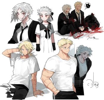 1boy 1girl alternate_hairstyle black_jacket black_necktie black_pants blonde_hair blood blood_on_face blue_eyes dorohedoro dress formal_clothes grey_hair happy jacket multiple_views necktie noi_(dorohedoro) odagorom pants ponytail sailor_dress shin_(dorohedoro) shirt sitting speech_bubble spoken_animal stitched_arm stitched_fingers stitches suit thought_bubble trash_bag white_dress white_shirt