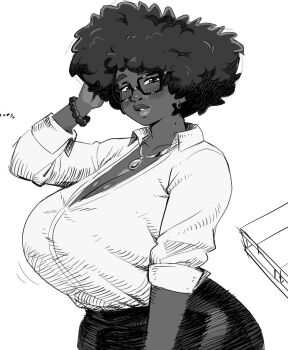 afro blush bracelet breasts cleavage commentary dark-skinned_female dark_skin dress_shirt earrings english_commentary highres hoop_earrings huge_breasts jewelry kharon large_breasts looking_at_viewer medium_hair mole mole_on_neck necklace original pencil_skirt pendant plump pursed_lips shirt simple_background skirt sleeve_rolled_up white_background white_shirt