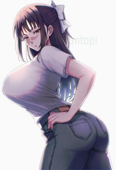 Rule 34 | 1girl, artist name, ass, black hair, breasts, brown eyes, commentary request, from side, hand on own hip, highres, iori utahime, jujutsu kaisen, large breasts, long hair, looking at self, mature female, nyorori (tatsutaage), pants, partial commentary, ponytail, scar, scar on face, shirt, short sleeves, simple background, solo, twitter username, white background, white shirt