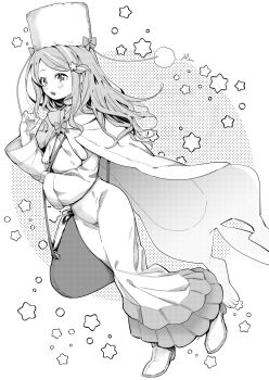 1girl anastasia_hoshin bag blush boots bow cape dress full_body fur_hat greyscale hair_ornament halftone halftone_background hand_up handbag hat highres long_dress long_hair long_sleeves monochrome open_mouth re:zero_kara_hajimeru_isekai_seikatsu shoulder_bag skrmy_rs solo star_(symbol) star_hair_ornament swept_bangs ushanka walking