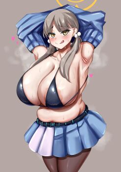 Rule 34 | 1girl, areola slip, armpit crease, armpits, arms up, artist request, belly, belt, black bra, black pantyhose, blue archive, blue skirt, blue sweater, blush, bra, breasts, brown hair, cleavage, clothes lift, grey background, grey hair, hair ornament, hair over shoulder, halo, heart, huge breasts, licking lips, long hair, moe (blue archive), muffin top, navel, pantyhose, plump, pom pom (clothes), pom pom hair ornament, skirt, smile, solo, standing, steaming body, sweat, sweater, sweater lift, tongue, tongue out, tonmmton, twintails, underwear, undressing, yellow eyes
