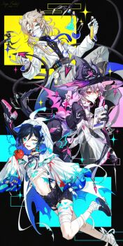 3boys albedo_(genshin_impact) apple aqua_eyes aqua_hair bandaged_foot bandaged_leg bandages black_bow black_bowtie black_hair black_jacket black_ribbon black_shirt black_shoes black_shorts black_thighhighs blonde_hair bow bowtie braid chest_tattoo crop_top dragon_horns food fruit genshin_impact gloves gradient_hair grey_pants hair_between_eyes halloween hat highres hood hood_up horns jacket jewelry leg_tattoo long_hair long_sleeves magicrabbit49586 male_focus mask midriff mini_durin_(genshin_impact) mini_durin_(human)_(genshin_impact) mouth_mask multicolored_hair multicolored_hat multiple_boys navel one_eye_closed open_mouth pants pink_eyes pink_hair ribbon shirt shoes shorts stomach striped_bow striped_bowtie striped_clothes tattoo thighhighs twin_braids unworn_shoes venti_(genshin_impact) white_gloves white_hood white_jacket witch_hat