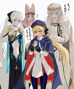 Rule 34 | 1boy, 3girls, artoria caster (fate), artoria caster (second ascension) (fate), artoria pendragon (fate), black bow, black gloves, blonde hair, blue eyes, bow, braid, bug spray, fate/grand order, fate (series), fuyotan, gloves, green eyes, habetrot (fate), hair between eyes, hair bow, half up braid, highres, long hair, morgan le fay (fate), morgan le fay (second ascension) (fate), multiple girls, oberon (fate), oberon (second ascension) (fate), pink eyes, pink hair, ponytail, short hair, simple background, very long hair, white background, white hair