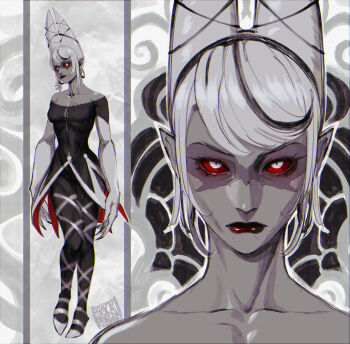 1girl absurdres black_lips blackberreh-art breasts carmilla_carmine_(hazbin_hotel) colored_sclera colored_skin commentary demon_girl earrings elbow_gloves english_commentary gloves grey_skin hair_horns hazbin_hotel hellaverse highres hoop_earrings jewelry red_sclera white_eyes white_hair