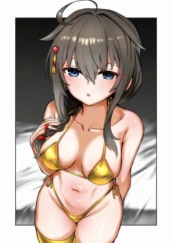 1girl ahoge bed bikini black_hair blue_eyes braid breasts commentary commentary_request cowboy_shot dark_background from_above gold_bikini gold_thighhighs gouta_(nagishiro6624) hair_flaps hair_over_shoulder highleg highleg_bikini highres kantai_collection long_hair medium_breasts outside_border shigure_(kancolle) shigure_kai_san_(kancolle) side-tie_bikini_bottom single_braid solo swimsuit