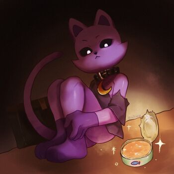 1boy :&lt; animal_ears ass black_sclera can canned_food canned_tuna cat_boy cat_ears cat_tail catnap_(poppy_playtime) collar colored_sclera commentary_request dark_purple_fur full_body highres jewelry knees_up looking_at_food looking_down male_focus moon_(ornament) moon_necklace multicolored_fur necklace pet_food poppy_playtime purple_collar purple_fur purple_shirt shirt sitting smiling_critters sparkle tagme tail torn_clothes torn_shirt white_eyes