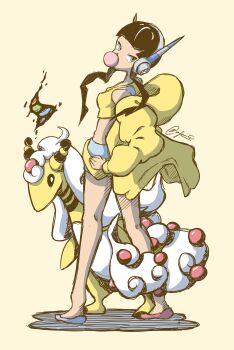 Rule 34 | 0~zero~0, 1girl, absurdres, ampharos, aqua eyes, black hair, blowing bubble gum, blunt bangs, chewing gum, coat, commentary, elesa (pokemon), english commentary, gen 2 pokemon, hand on own hip, headphones, highres, mega ampharos, mega evolution symbol, mega pokemon, mismatched shoes, nintendo, off shoulder, pokemon, pokemon (creature), pokemon bw2, short hair with long locks, short shorts, shorts, signature, simple background, standing, white background, yellow coat
