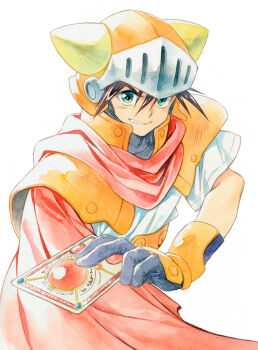 1boy adeu_warsam agahari armor black_gloves black_hair cape card commentary_request cropped_torso fake_horns gloves green_eyes haou_taikei_ryuu_knight helmet highres holding holding_card horned_helmet horns looking_at_viewer male_focus parted_lips red_cape shirt short_sleeves shoulder_armor simple_background smirk solo visor_(armor) white_background white_shirt wimple