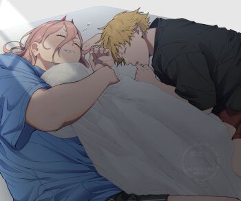 1boy 1girl black_shirt black_shorts blonde_hair blue_shirt brown_shorts chainsaw_man closed_eyes demon_girl denji_(chainsaw_man) drooling fang fang_out hair_between_eyes highres horns long_hair mouth_drool okiba0 parted_lips pink_hair power_(chainsaw_man) red_horns shirt short_hair shorts sleeping t-shirt