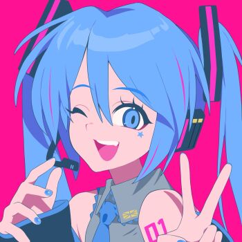 1girl bizarre_cuco blue_eyes blue_hair collared_shirt detached_sleeves facial_mark fang hair_ornament hashtag-only_commentary hatsune_miku headphones headset highres long_sleeves nail_polish necktie one_eye_closed open_mouth pink_background portrait shirt sleeveless sleeveless_shirt smile solo star_(symbol) star_facial_mark twintails v vocaloid