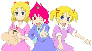 ana_(mother) blonde_hair bow commentary_request doseisan dress eabo19tw full_body hair_bow hat kumatora looking_at_viewer mother_(series) mother_1 mother_2 mother_3 multiple_girls nichijou nintendo parody paula_(mother_2) pink_dress pink_hair red_bow short_hair smile