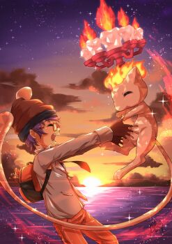 Rule 34 | 1boy, absurdres, backpack, bag, beanie, brown gloves, closed eyes, cloud, commentary, fingerless gloves, gen 1 pokemon, gen 5 pokemon, glasses, gloves, hat, highres, legendary pokemon, mew (pokemon), microbihon, mythical pokemon, naranja academy school uniform, necktie, nintendo, open mouth, orange bag, orange necktie, orange pants, original, outdoors, outstretched arms, pants, pokemon, pokemon (creature), pokemon sv, pom pom (clothes), purple hair, red hat, school uniform, shirt, short hair, simisear, sky, smile, sparkle, sun, teeth, terastallization, water, white shirt