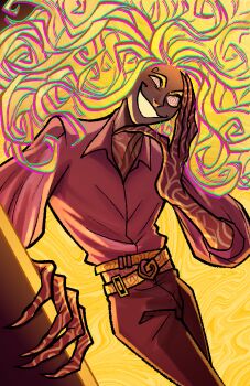 Rule 34 | 1boy, @ @, backlighting, belt, blonde hair, body markings, capesch-arts, curly eyebrows, curly hair, design speculation, distortion (tma), grin, long fingers, long hair, male focus, michael shelley, monster boy, multiple belts, pants, psychedelic, shirt, smile, the magnus archives