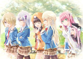6+girls absurdres aikawa_megumi asakura_karen_(heaven_burns_red) black_hair blonde_hair braid brown_hair commentary_request from_side glasses green_eyes grey_hair hat heaven_burns_red highres izumi_yuki_(heaven_burns_red) kayamori_ruka kunimi_tama kyamiuu long_hair multiple_girls necktie pink_eyes pink_hair red_eyes sailor_hat school_uniform short_hair skirt thighhighs toujou_tsukasa