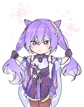 Rule 34 | 1girl, 5rwpvc, :<, closed mouth, cone hair bun, cowboy shot, dot nose, double bun, dress, flower, genshin impact, gloves, hair bun, hair flower, hair ornament, highres, holding, holding own hair, keqing (genshin impact), long hair, pantyhose, purple dress, purple eyes, purple gloves, purple hair, solo, standing, twintails, white background