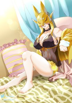 1girl absurdres alternate_costume babydoll bare_shoulders black_babydoll black_choker breasts choker cleavage closed_mouth collarbone commentary covered_erect_nipples covered_eyes covered_navel digimon digimon_(creature) dolphin_shorts facial_mark fox_mask grey_hair groin highres large_breasts lingerie long_hair long_sleeves mask off_shoulder on_bed open_clothes open_shirt pillow pixiv_username purple_lips richard_park sakuyamon see-through_babydoll see-through_clothes shirt short_shorts shorts sitting smile solo stomach twitter_username underwear yellow_mask yellow_shirt yellow_shorts yin_yang