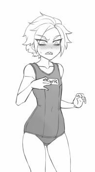 1girl artist_self-insert bare_arms bare_shoulders blush clenched_teeth collarbone commentary covered_navel cowboy_shot english_commentary eyes_visible_through_hair flat_chest frown greyscale hand_on_own_chest looking_down monochrome name_tag nose_blush original school_swimsuit sharp_teeth short_hair simple_background solo sweatdrop swimsuit teeth twrlare v-shaped_eyebrows white_background