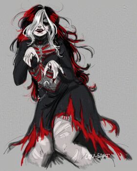 1girl absurdres black_bra black_choker black_eyeshadow black_hair bra bra_visible_through_clothes breasts choker commentary coulsart crazy dead_by_daylight emo_fashion english_commentary eyeshadow fingernails goth_fashion grey_background grey_eyes hair_over_one_eye heart heart_choker highres lipstick long_hair looking_at_viewer makeup mascara messy_hair multicolored_hair no_eyebrows pantyhose pointing pointing_at_viewer red_hair red_lips red_nails red_theme ribs runny_makeup sable_ward sharp_fingernails shrug_(clothing) signature skirt small_breasts smile solo streaked_hair torn_clothes torn_pantyhose torn_skirt two-tone_hair underwear white_hair white_streaks