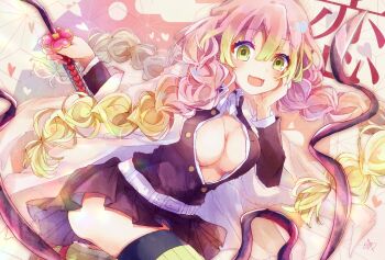 1girl :d breasts cleavage commentary_request demon_slayer_uniform green_eyes green_hair green_thighhighs heart highres kanroji_mitsuri kimetsu_no_yaiba long_hair long_sleeves looking_at_viewer mole mole_under_each_eye mole_under_eye multicolored_hair multiple_moles open_mouth otouyu partially_unbuttoned pink_hair pleated_skirt sandals skirt smile solo thighhighs tri_braids two-tone_hair weapon whip_sword