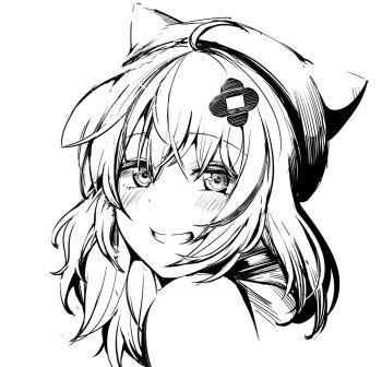 1girl ahoge aogiri_koukou beret commentary_request greyscale grin hat looking_at_viewer medium_hair monochrome ooshiro_mashiro portrait sadahiro_(chicken_nugget_gyuuniku_aji) simple_background smile solo virtual_youtuber