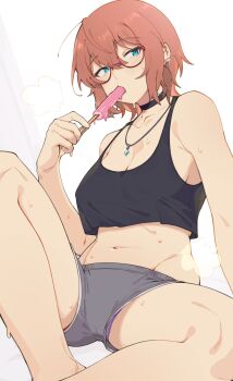 Rule 34 | 1girl, absurdres, black choker, black tank top, blue eyes, breasts, brown hair, choker, commentary request, earclip, earrings, food, food in mouth, fukana miyu (kokuya28), glasses, grey shorts, highres, holding, holding food, holding popsicle, hoop earrings, jewelry, kokuya (kokuya28), large breasts, legs, midriff, navel, necklace, no bra, original, panties, panty peek, popsicle, popsicle in mouth, purple panties, semi-rimless eyewear, shorts, sitting, solo, spread legs, stomach, sweat, tank top, underwear